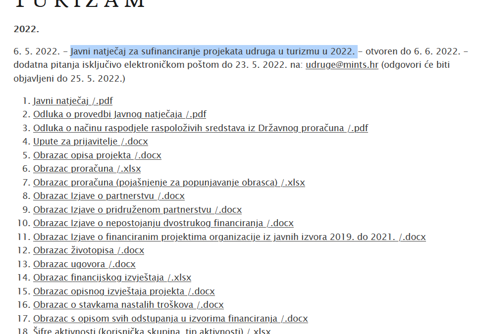 Javni natječaj za sufinanciranje projekata udruga u turizmu u 2022.